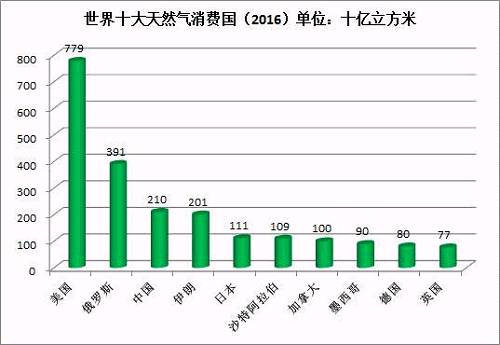 美国、俄罗斯、中国成为天然气消费量最大的三个国家，分别占世界总消费量的22%、11%、6%。在美国，天然气发电对煤炭发电替代作用明显。2016年，中国天然气消费增速7.7%，低于过去十年平均水平（15%）。